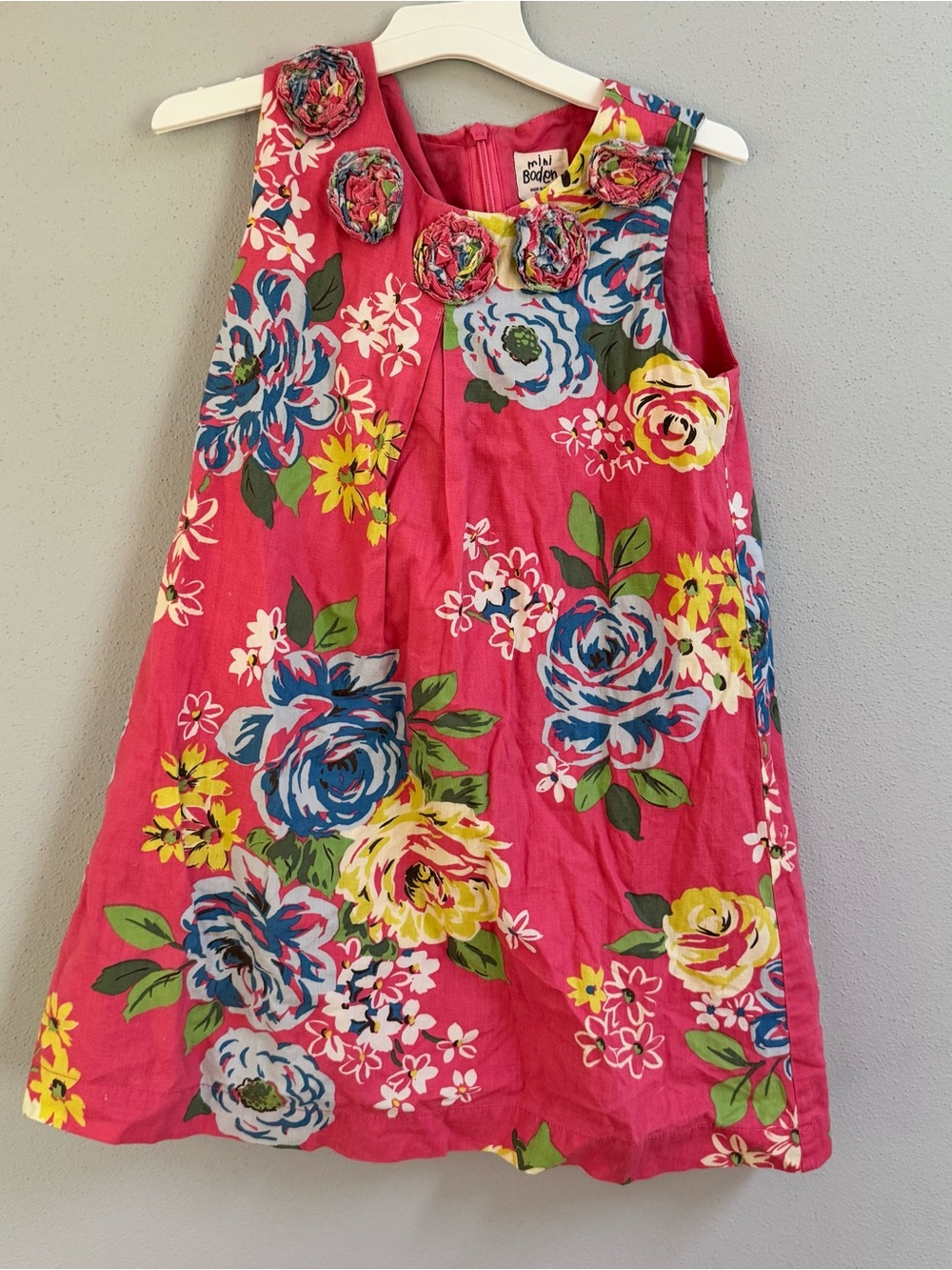 Mini Boden Girls Pink Floral Sleeveless Dress Fabric Flower Applique Size 5-6Y